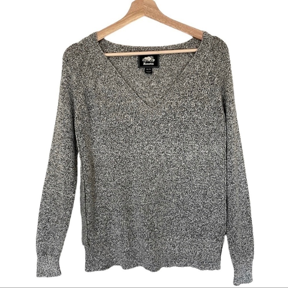 Roots Sweater Top Salt Pepper V-Neck Grey Marled Knit Cotton Blend Size XS